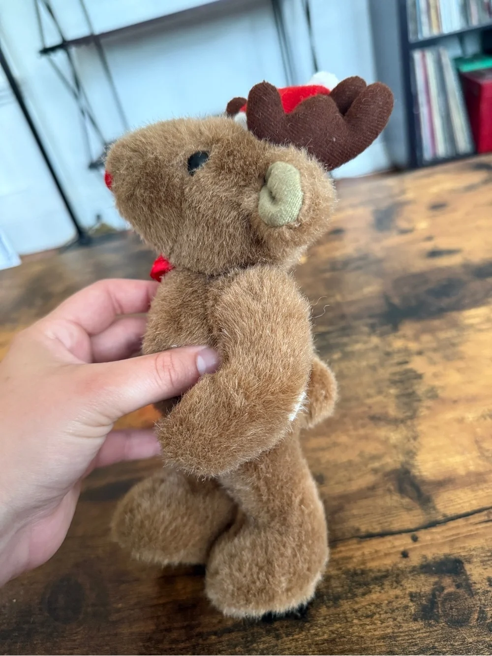 Plush Brown Reindeer Toy with Red Scarf and Santa Hat vintage
